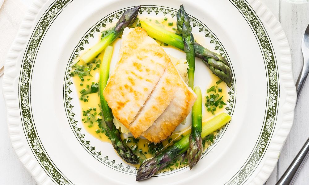 Recipe Fillet of brill with crushed Jersey Royals, asparagus & herb